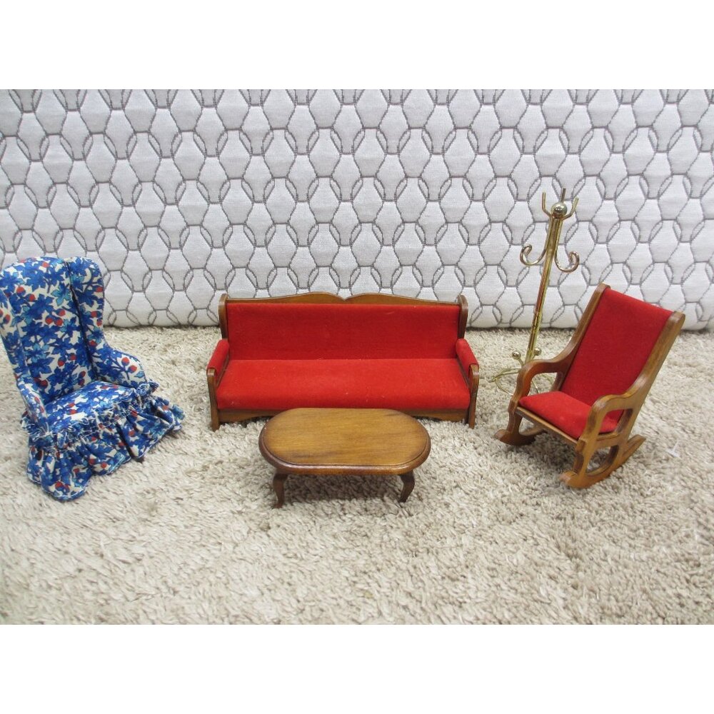 LVintage Dollhouse Furniture Set With Floral Chair Red Sofa & Rocking Chair Wood